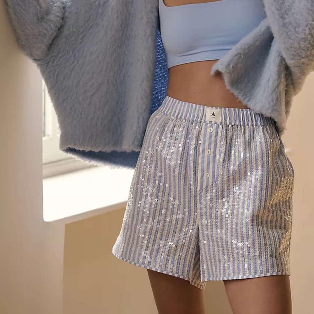 Anthropologie Sequin Striped Pajama Shorts in Light Blue and White